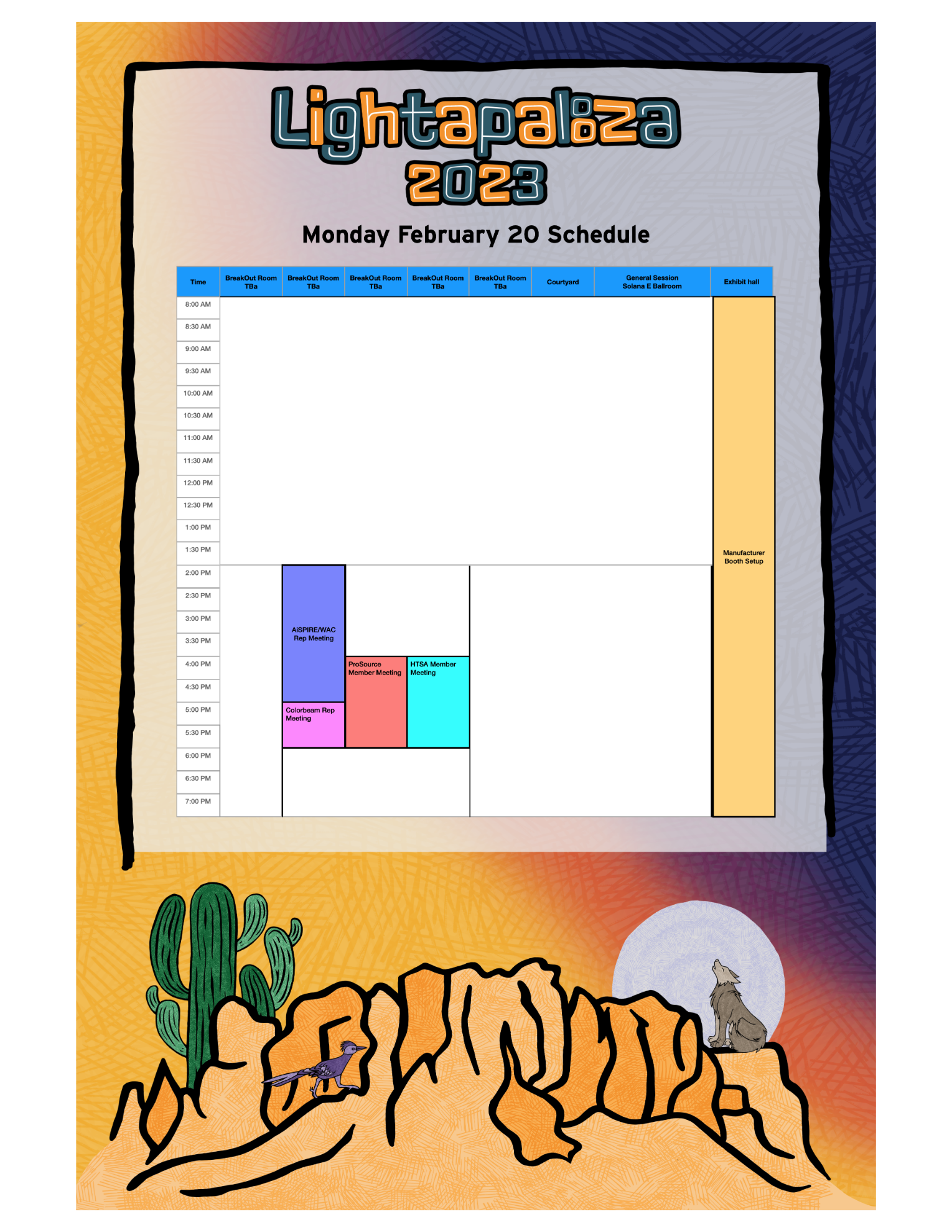Lightapalooza 2023 Monday schedule showing time-based events across breakout rooms, general session ballroom, courtyard, and exhibit hall.