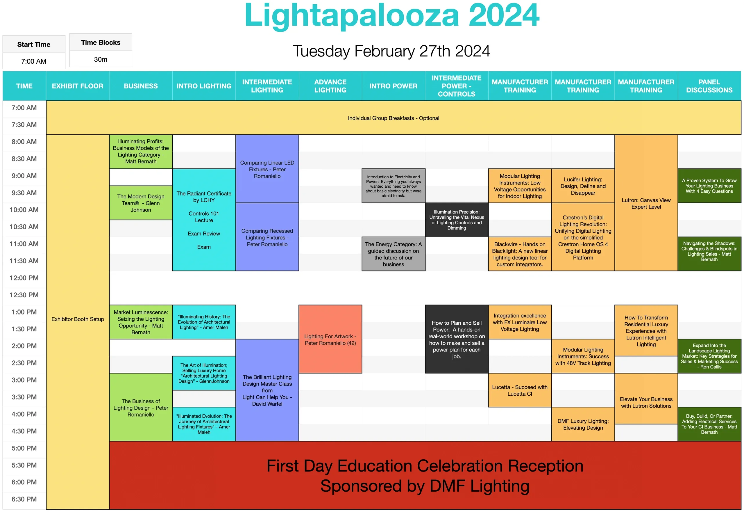 Lightapalooza 2024 Tuesday event schedule showing time blocks for exhibit floor hours, meetings, educational sessions, group meetings, and receptions.