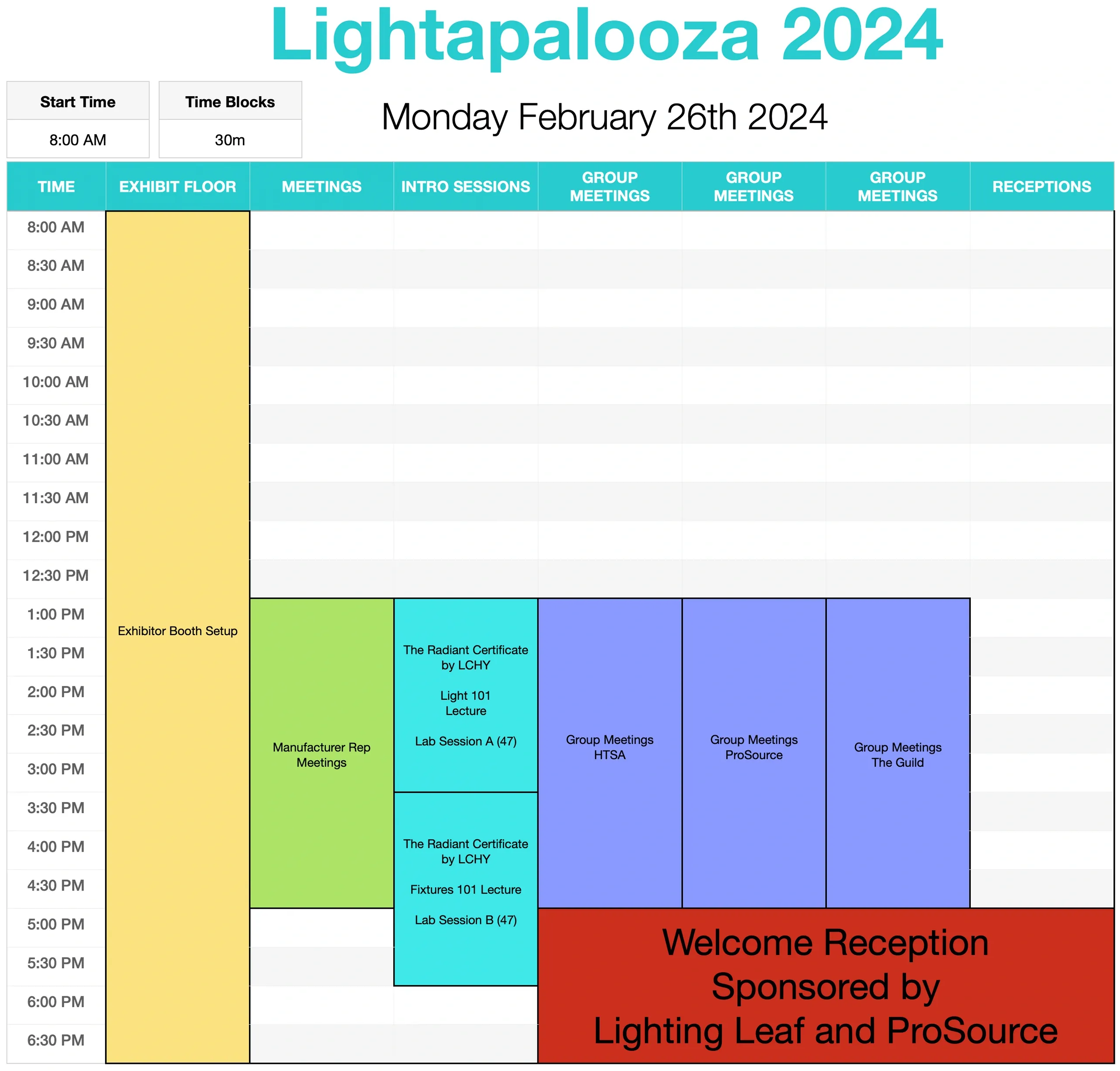 Lightapalooza 2024 Monday event schedule showing time blocks for exhibit floor hours, meetings, educational sessions, group meetings, and receptions.