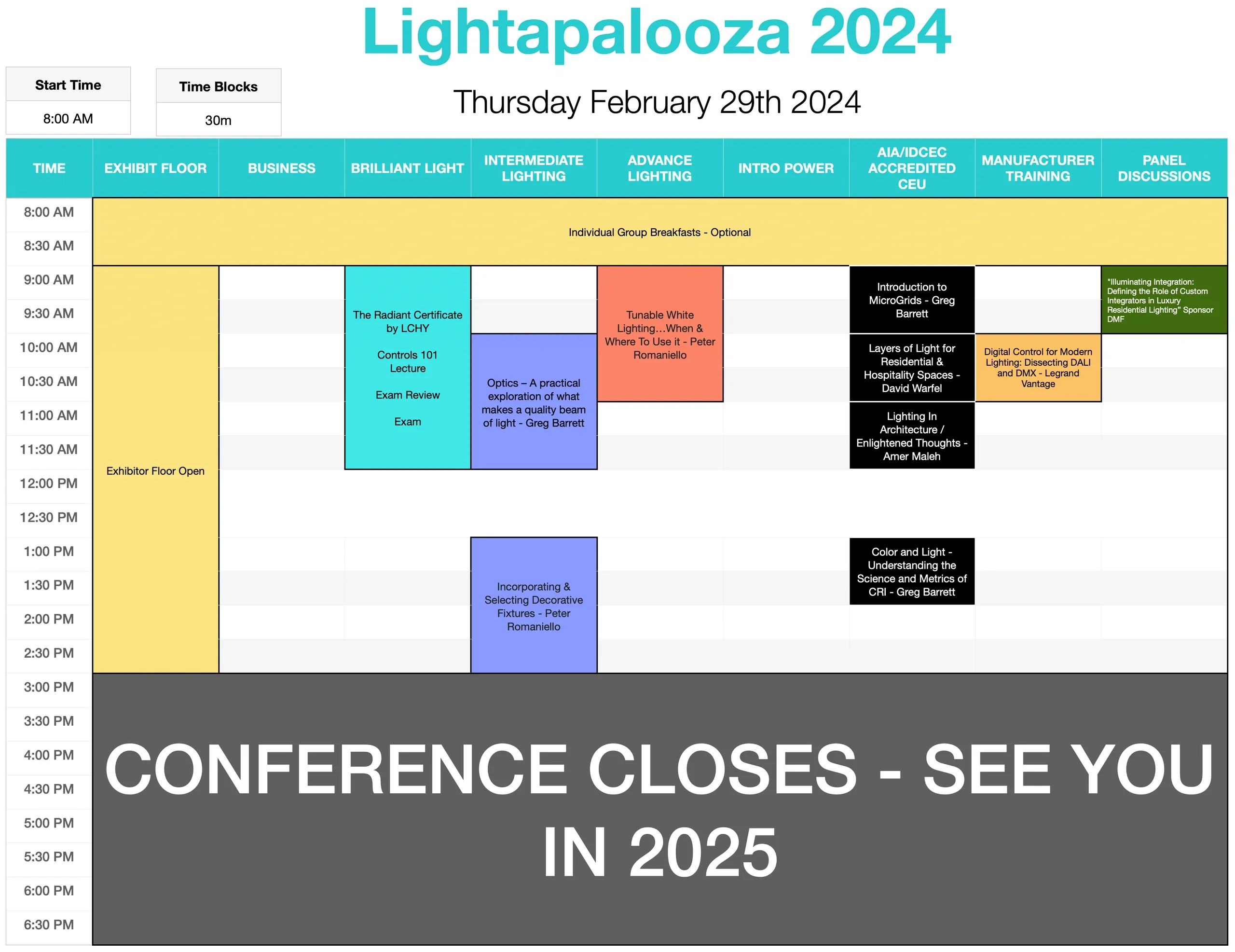 Lightapalooza 2024 Thrusday event schedule showing time blocks for exhibit floor hours, meetings, educational sessions, group meetings, and receptions.