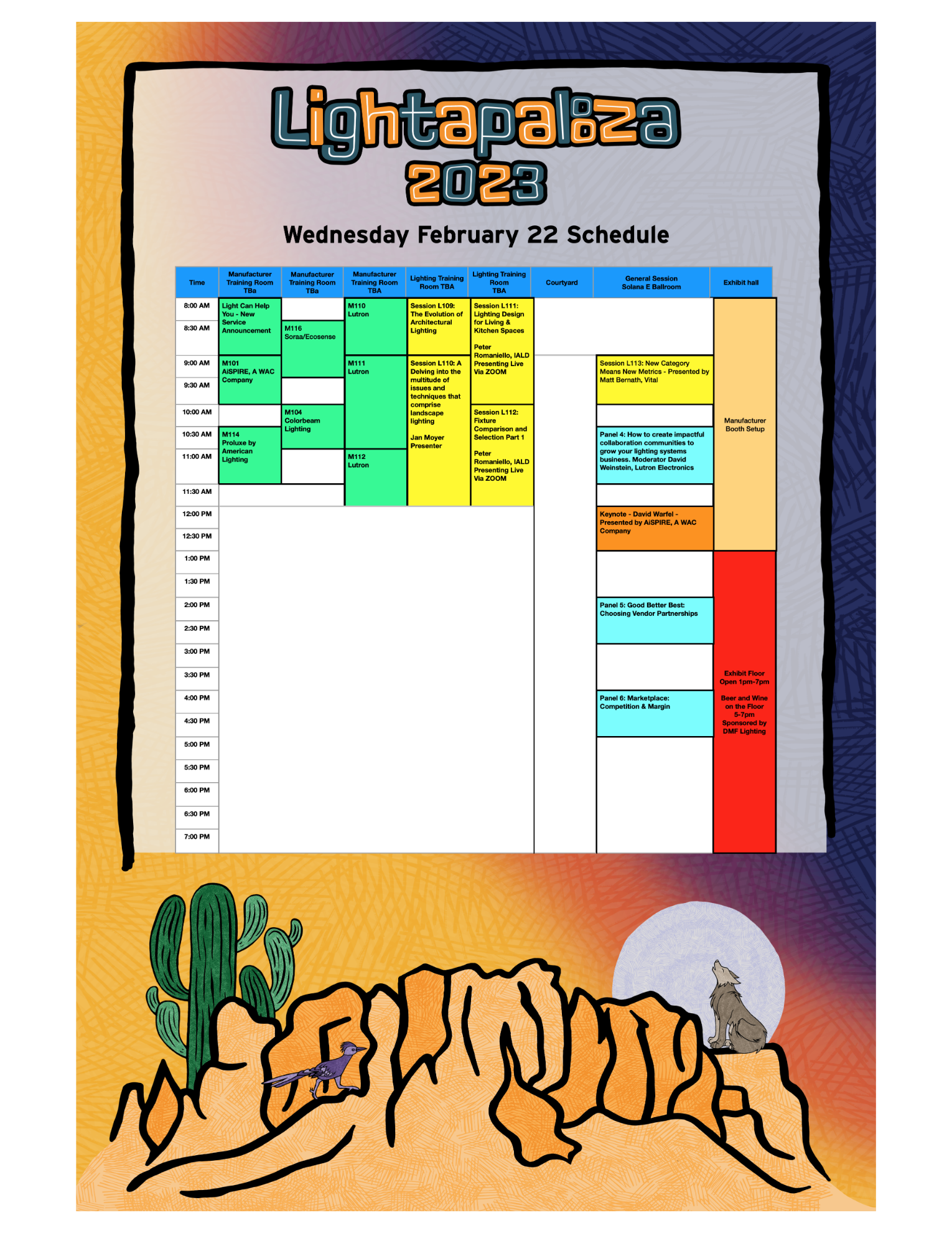 Lightapalooza 2023 Wednesday schedule showing time-based events across breakout rooms, general session ballroom, courtyard, and exhibit hall.