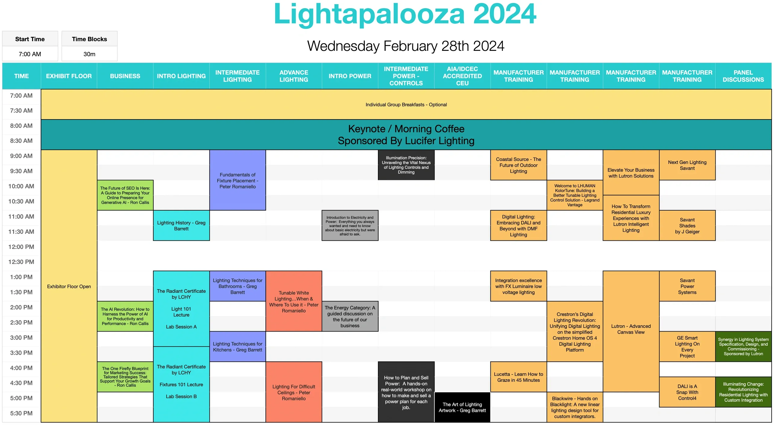 Lightapalooza 2024 Wednesday event schedule showing time blocks for exhibit floor hours, meetings, educational sessions, group meetings, and receptions.