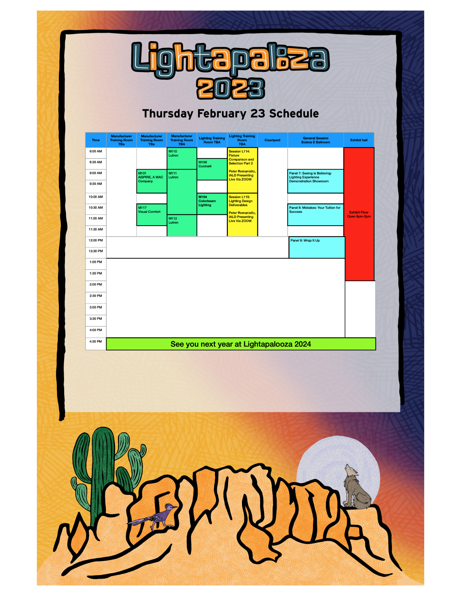 Lightapalooza 2023 Wednesday schedule showing time-based events across breakout rooms, general session ballroom, courtyard, and exhibit hall.