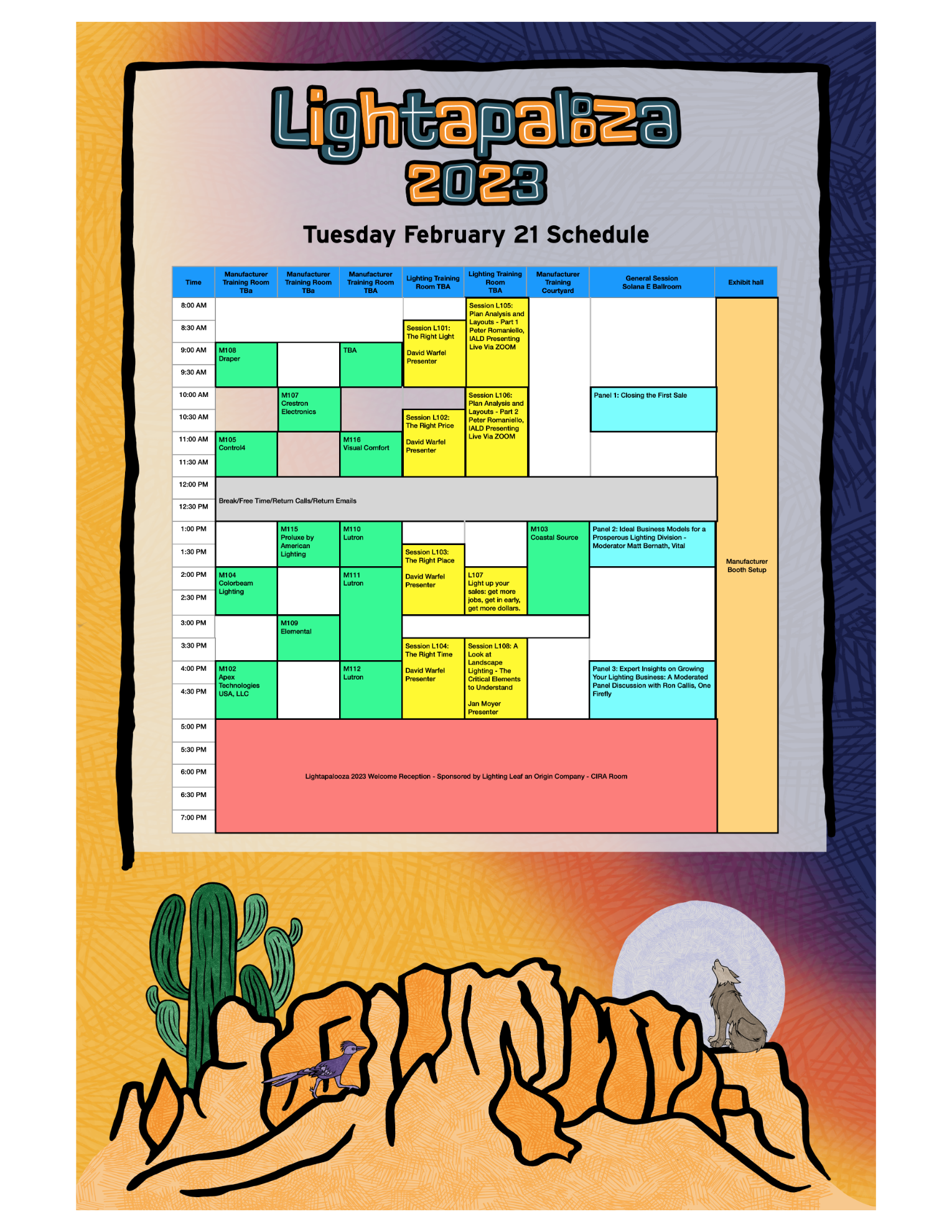 Lightapalooza 2023 Tuesday schedule showing time-based events